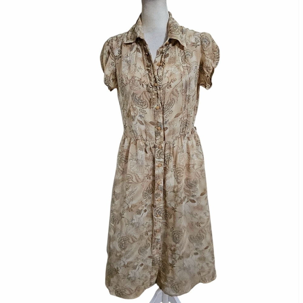 MAXIME 100% Silk Floral Vintage Inspired Button Front Midi Dress. Beige/blue. M